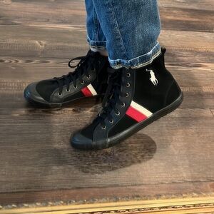 Polo Ralph Lauren Black Suede Sport Stripes High Top Sneakers Size 6 leather